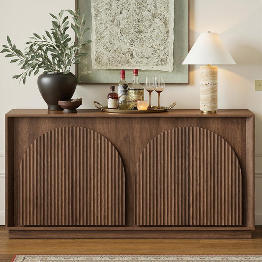 Fluted Sideboard Buffet Cabinet with Storage, 65" Mid Century Modern Accent Cabinet with Double-Layered Arch Doors,Wood Media TV Console Table Credenza for Living Dining Room Entryway,Walnut