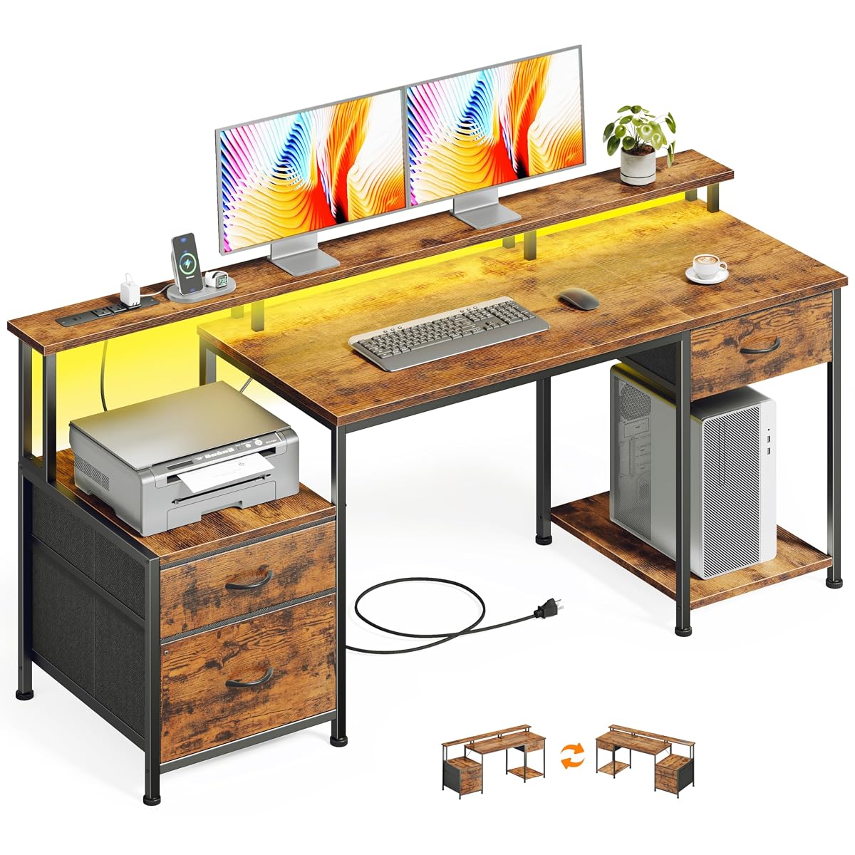55" Computer Desk with File Drawer, Printer Space, Rustic Brown