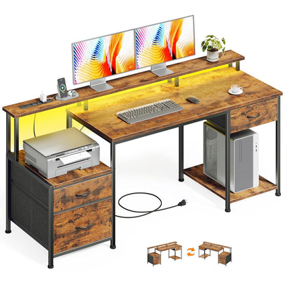 55" Computer Desk with File Drawer, Printer Space, Rustic Brown