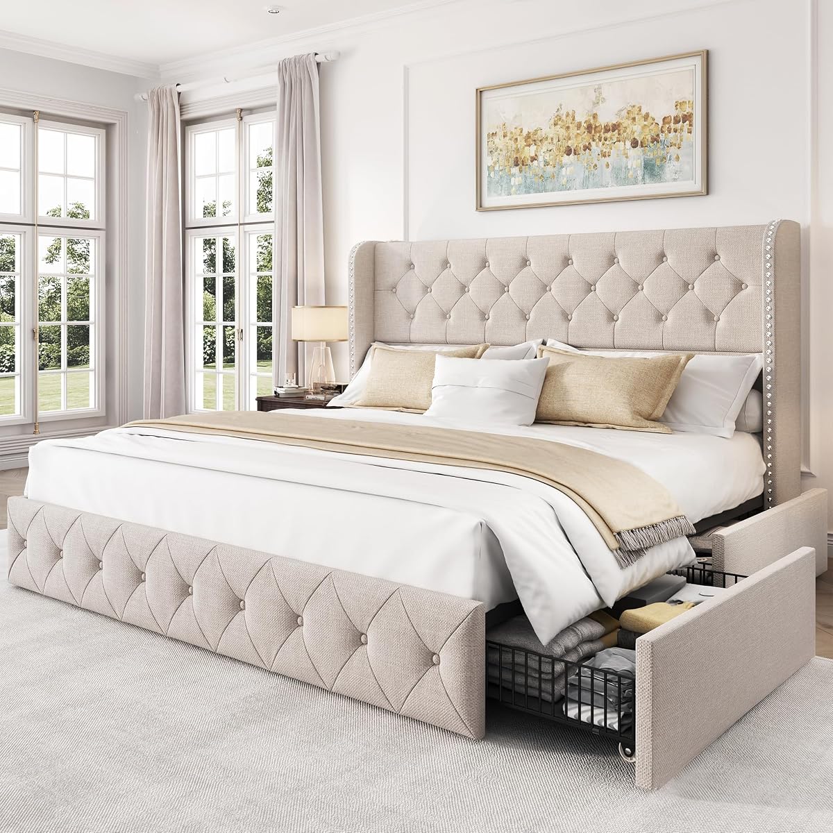 King Size Bed Frame with 4 Storage Drawers and 47.2" Tall Tufted Headboard