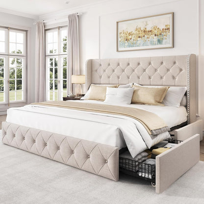 King Size Bed Frame with 4 Storage Drawers and 47.2" Tall Tufted Headboard