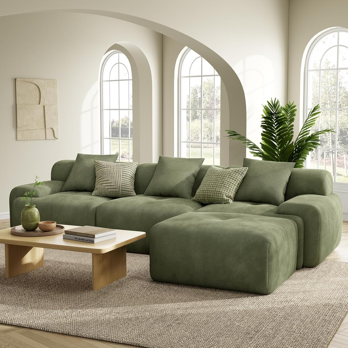 LumiCord Modular Sectional Sofa with Ottoman, 118" L-Shaped Boneless Couch for Living Room, Oversized Deep Seat with Corduroy Upholstery, No Assembly Required, Olive Green