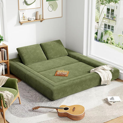 FlipNest Convertible Sleeper Sofa Bed Floor Sofa 3-in-1 No Assembly, Foldable Mattress with Corduroy Upholstery Olive Green, Lounge Loveseat Couch for Living Room Studio Guest Room