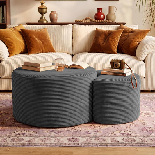 Boneless Ottoman Nesting Coffee Table Set of 2,Corduroy Soft Foot Rest Movable LargePouf Footstool for Living Room Sofa Couch Bedroom Entryway and Small Spaces No Assembly (Dark Gray)