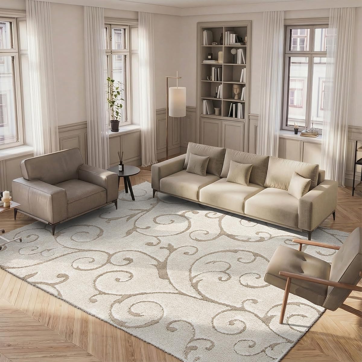 SAFAVIEH Florida Shag Collection Area Rug - 5'3" x 7'6", Cream & Beige, Scroll Design, Non-Shedding & Easy to Clean, High-Low Plush Pile, Ideal for Living Room, Bedroom, Dining Space (SG455-1113)