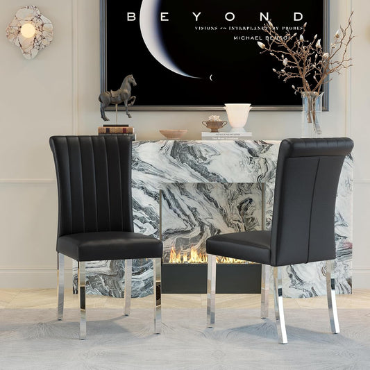 Black and Silver Dining Chairs Set of 2,Leather Upholstered Chairs