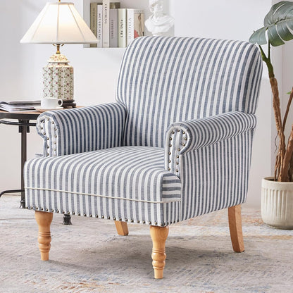 Linen Fabric Accent Chair, Mid-Century Modern Armchair with Solid Wood Legs, Single Sofa Chair,Upholstered Reading Club Chair (1, Dark Blue and White Stripe)