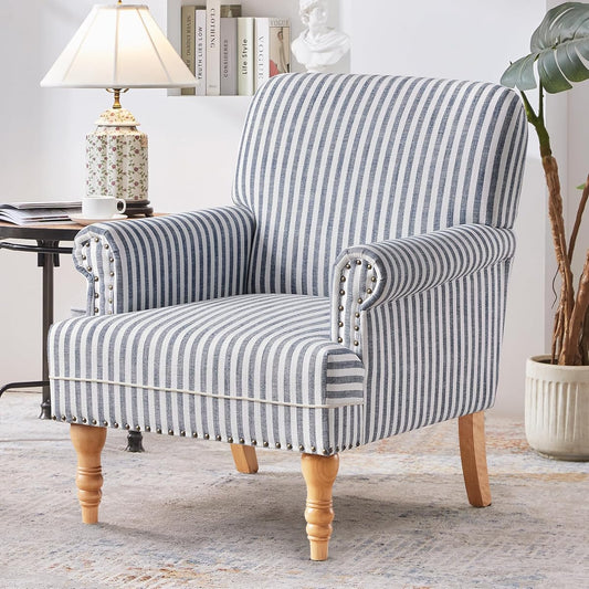 Linen Fabric Accent Chair, Mid-Century Modern Armchair with Solid Wood Legs, Single Sofa Chair,Upholstered Reading Club Chair (1, Dark Blue and White Stripe)