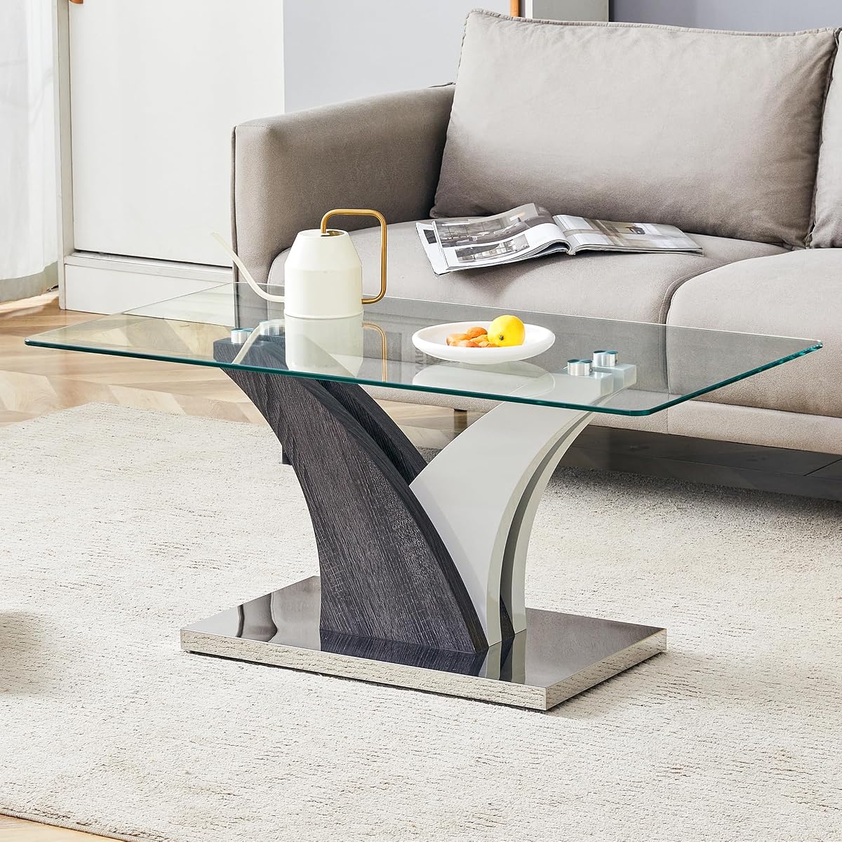 Rectangular Glass Coffee Table for Living Room, 39" Modern Clear Center Table, Tempered Glass Living Room Table with Wood Grain Textures Base