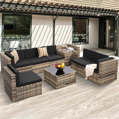 8 Piece Patio Furniture Set, Outdoor Modular Conversation Set, Black | UV Treated Wickers, Machine Washable Cushions, Seats 6, 2 Hidden Storage Compartments, Rustproof Frame, Waterproof