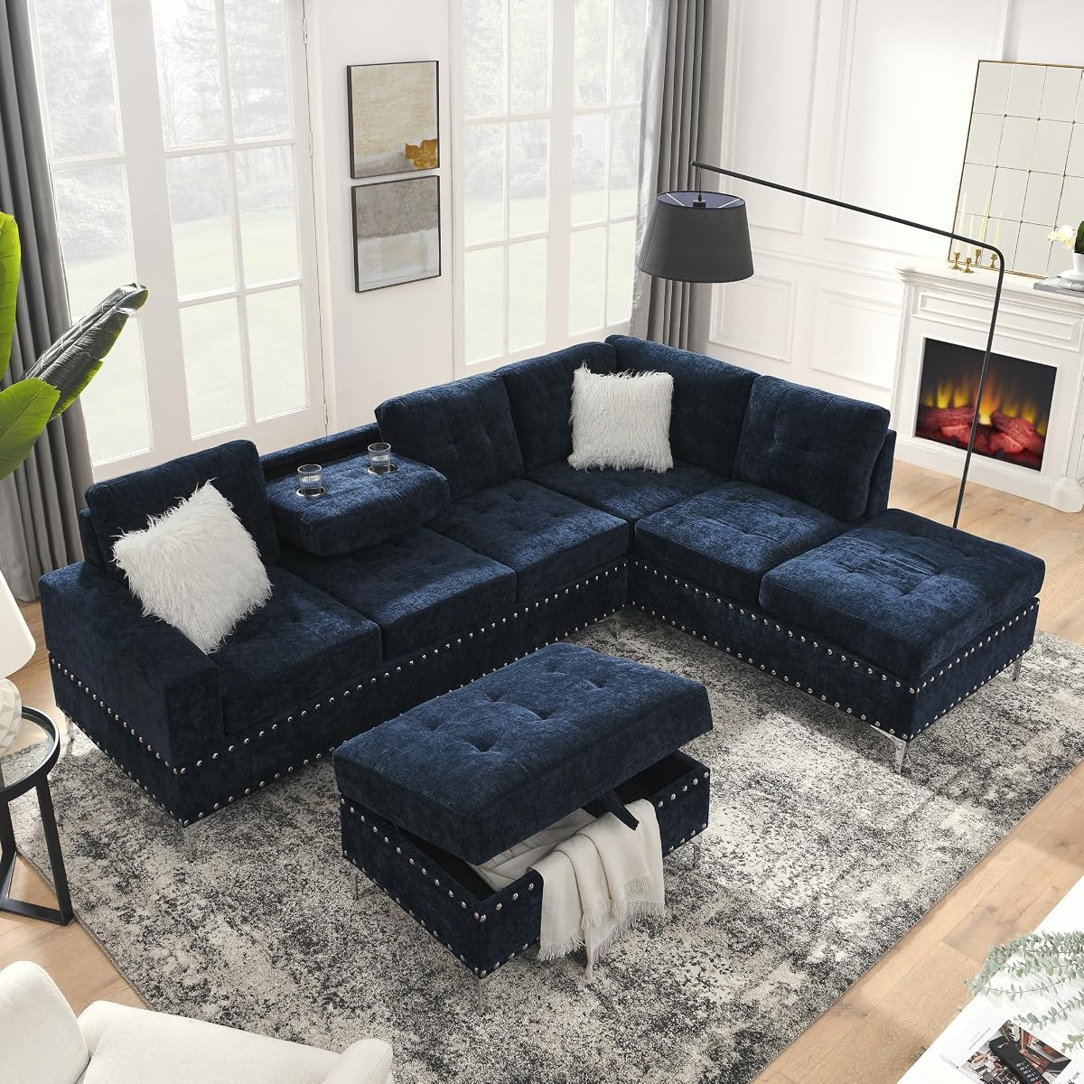 Living Room Furniture Sets, L-Shape Sectional 5-Seater Sofa with Extra Wide Reversible Chaise, Storage Ottoman and Cup Holders and Copper Nails, 2 Pillows, Navy Blue