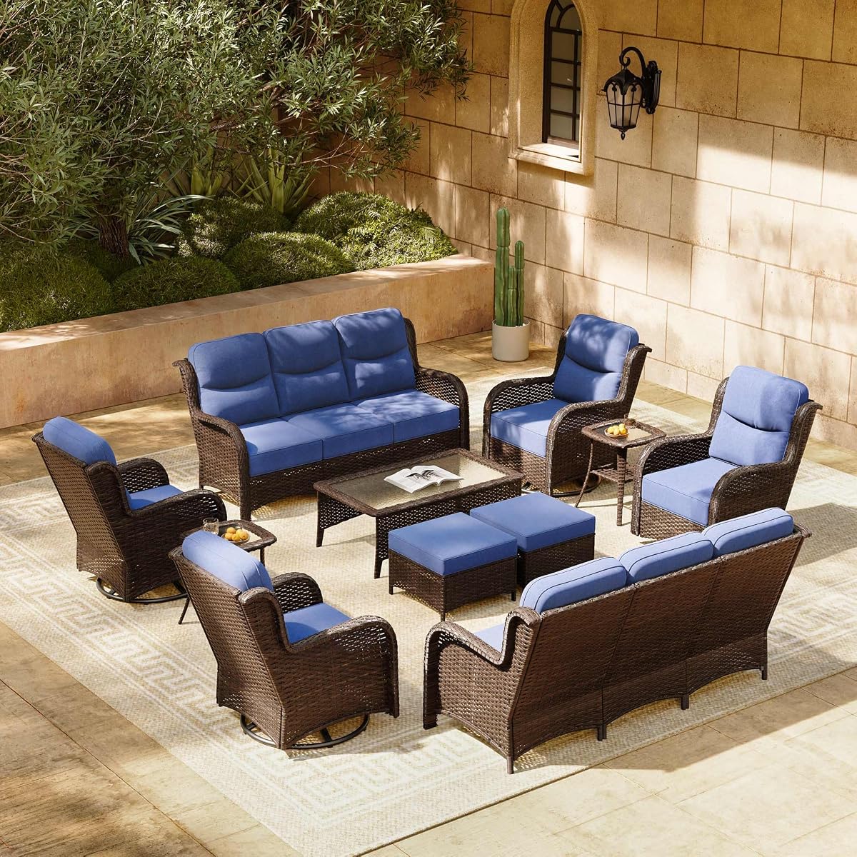 11-Piece Luxury Patio Furniture Set with 6" Thick Cushions, Weather-Resistant Wicker High Back Swivel Rocker Chairs, Senior-Friendly Outdoor Sofa Set for Large Deck, Yard and Poolside, Blue(V2)