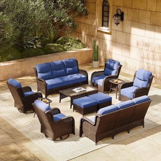 11-Piece Luxury Patio Furniture Set with 6" Thick Cushions, Weather-Resistant Wicker High Back Swivel Rocker Chairs, Senior-Friendly Outdoor Sofa Set for Large Deck, Yard and Poolside, Blue(V2)