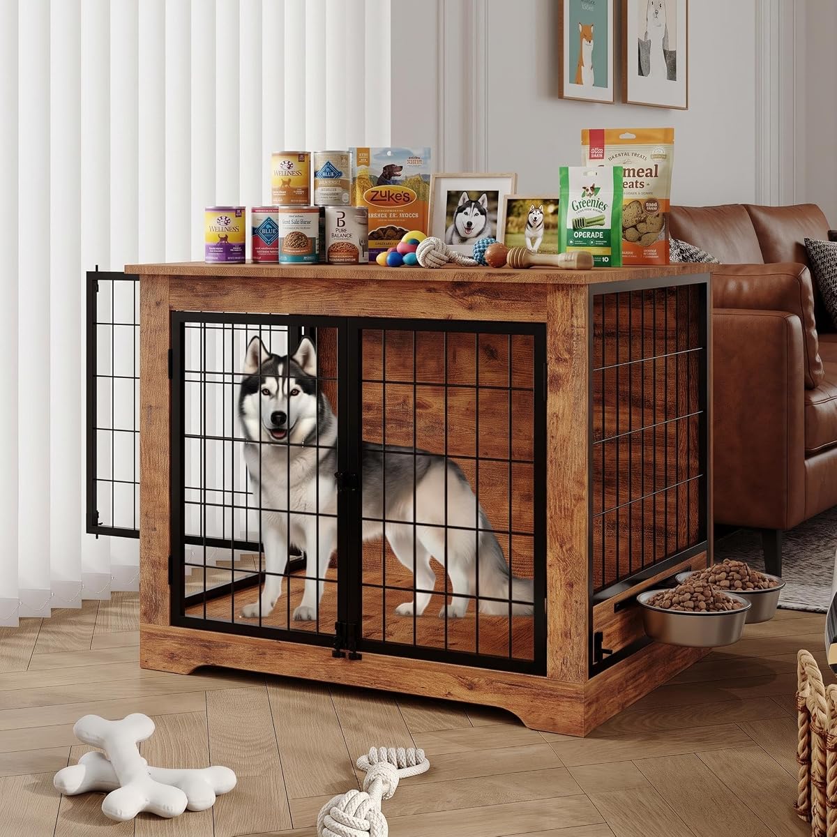 Dog Crate Furniture with 360° Rotatable Bowls