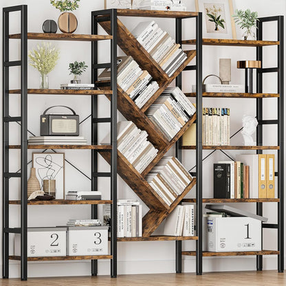 70x70 Triple 5 Tier Book Shelf, Large Wooden Bookcase with 17 Open Display Shelf, Modern Tree Bookshelf Metal Frame Tall Book Case Furniture for Living Room Bedroom Home Office Rustic Brown
