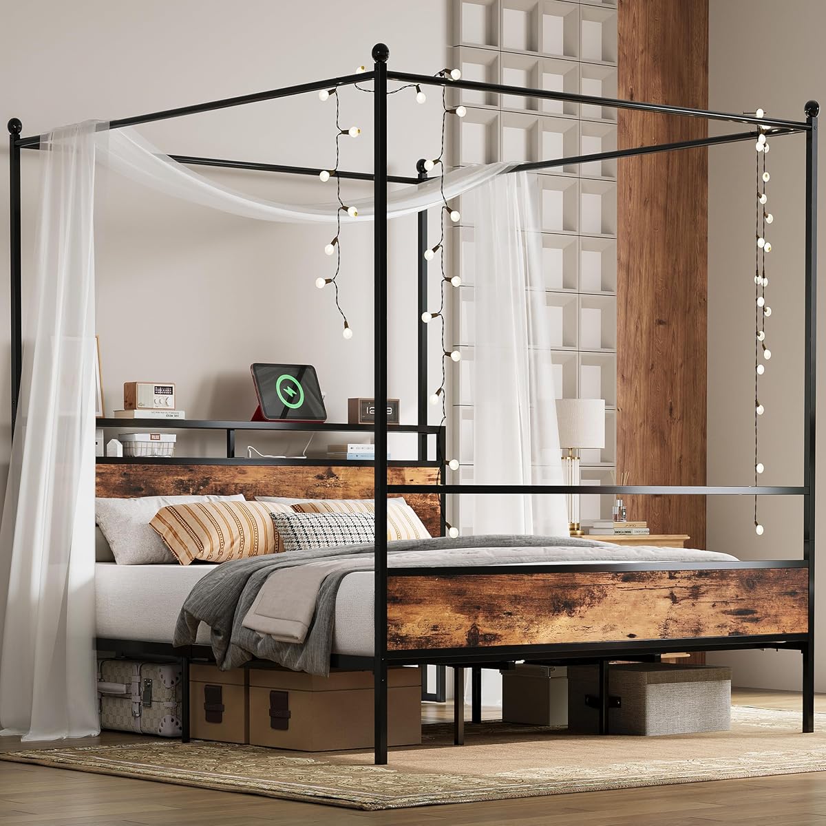 Canopy Bed Frame King with Storage Headboard & Charging Station