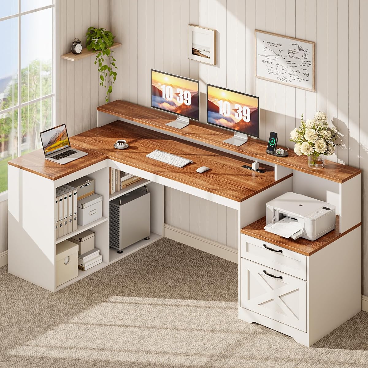 59" Farmhouse L Shaped Desk with Drawers Monitor Stand, Power Outle