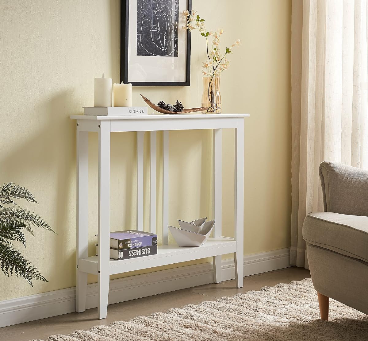 Narrow Console Table with Storage – Rectangular Entryway & Behind Sofa Table, Wood Accent Hallway Table for Foyer or Living Room, White