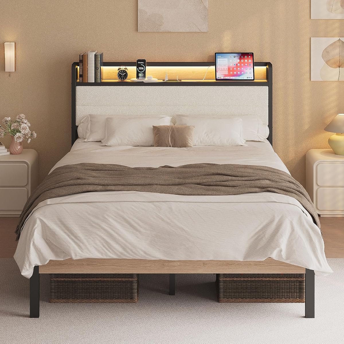 Full Bed Frame with Headboard, LED Lights and Charging Station