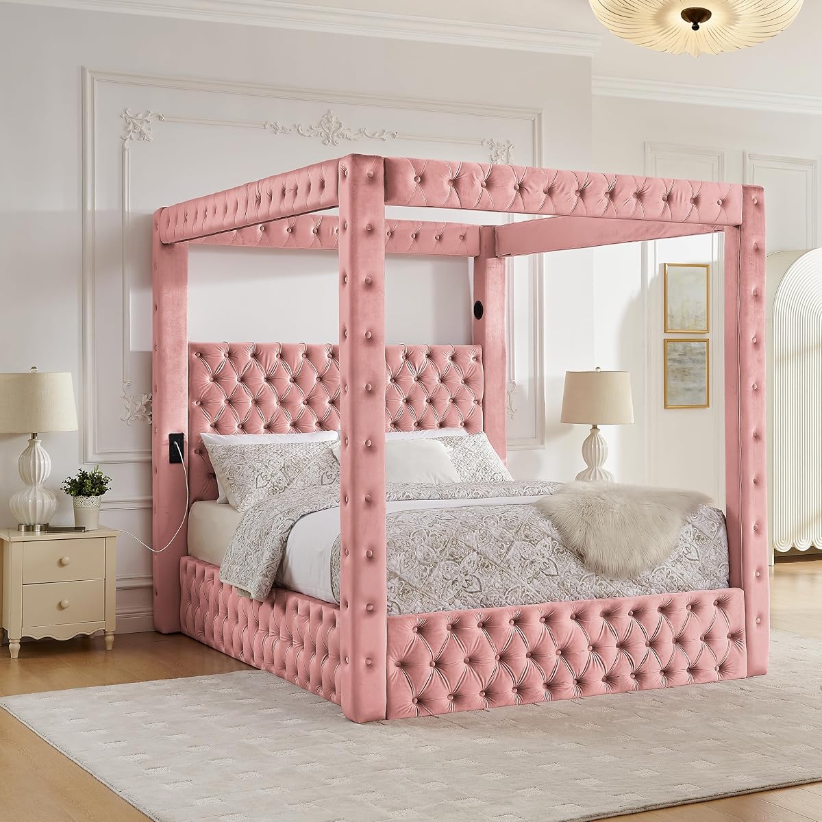 Queen Size Velvet Canopy Bed with Button Tufted Headboard, Pink