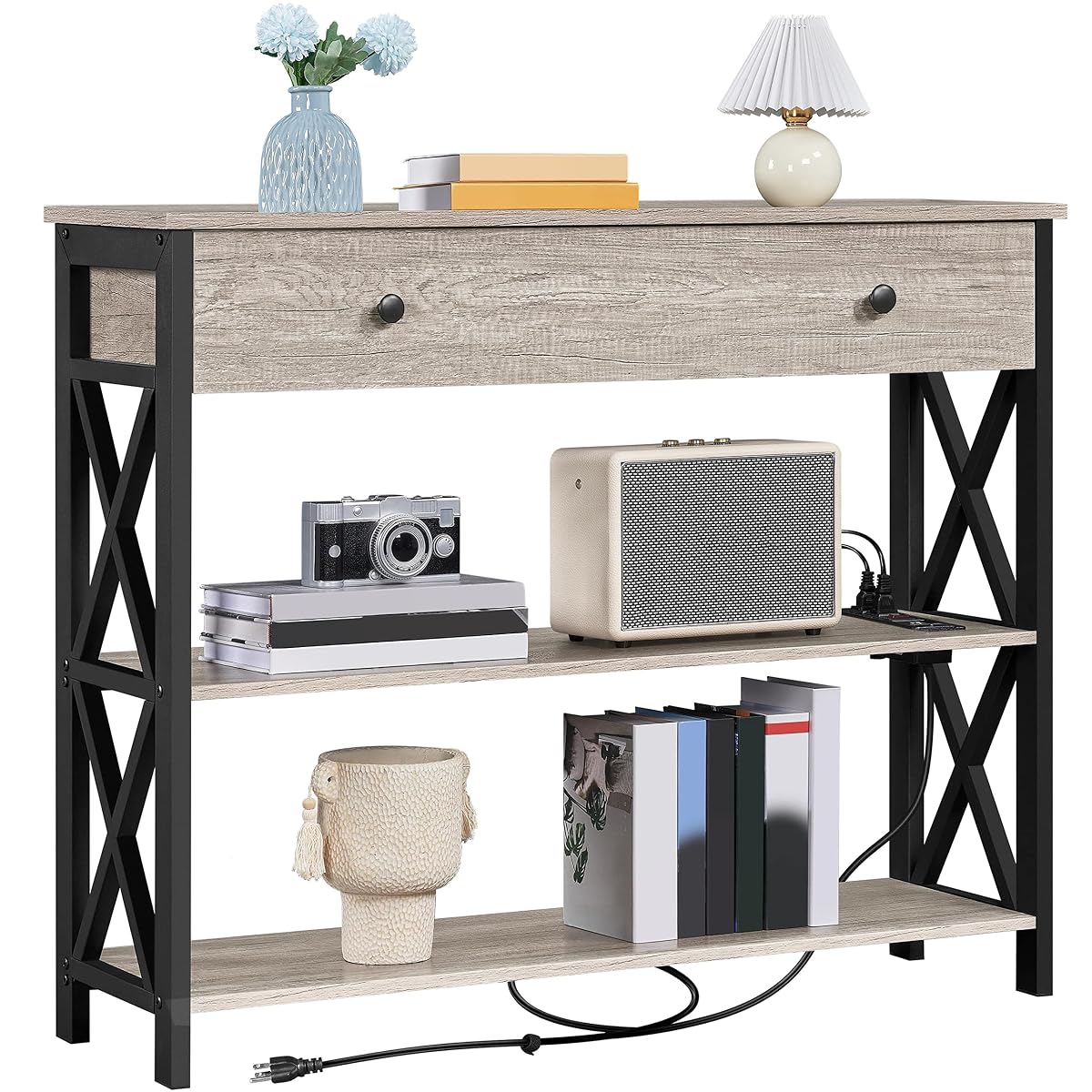 Yaheetech Console Table with Power Outlets and USB Ports, Wooden Entryway Table with Drawer and Open Shelves, Narrow Sofa Tables with Metal Frame for Living Room, Couch, Hallway, Grey