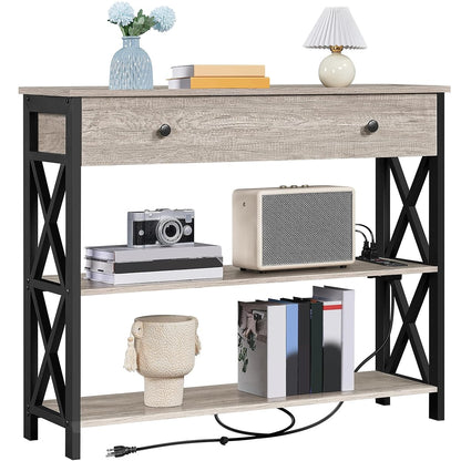 Yaheetech Console Table with Power Outlets and USB Ports, Wooden Entryway Table with Drawer and Open Shelves, Narrow Sofa Tables with Metal Frame for Living Room, Couch, Hallway, Grey