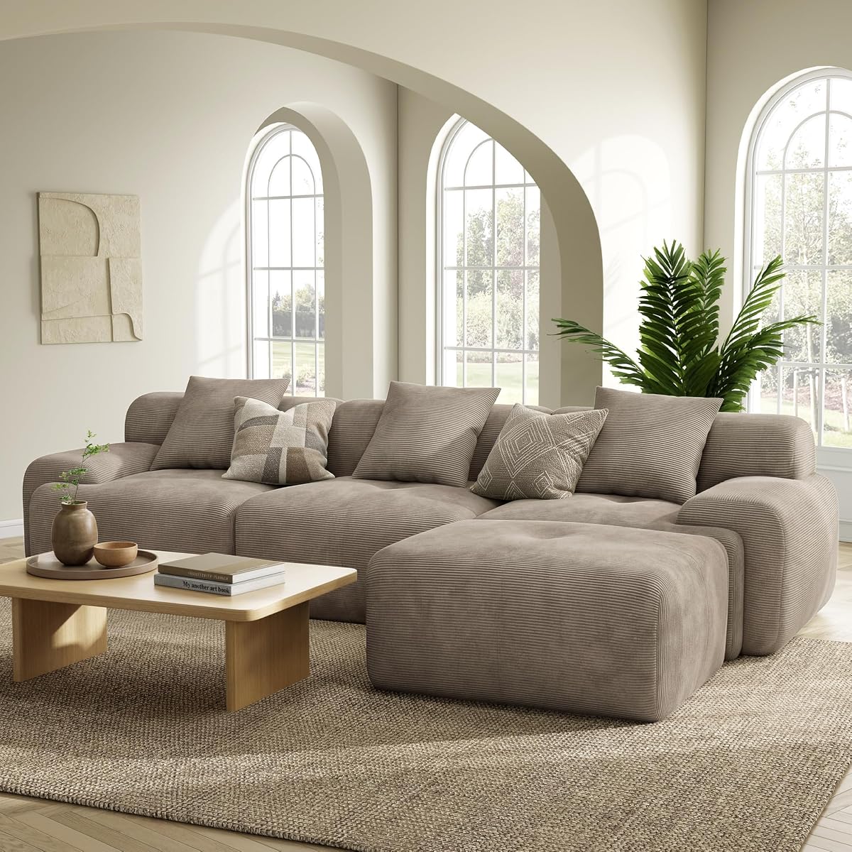LumiCord Modular Sectional Sofa with Ottoman, 118" L-Shaped Boneless Couch for Living Room, Oversized Deep Seat with Corduroy Upholstery, No Assembly Required, Light Brown