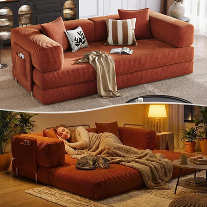 78.8'' Boneless Sleeper Sofa Bed,Convertible Futon Couch with Storage Pocket and 2 Pillows,Modular Corduroy Sofa for livingroom,Small speace,Orange