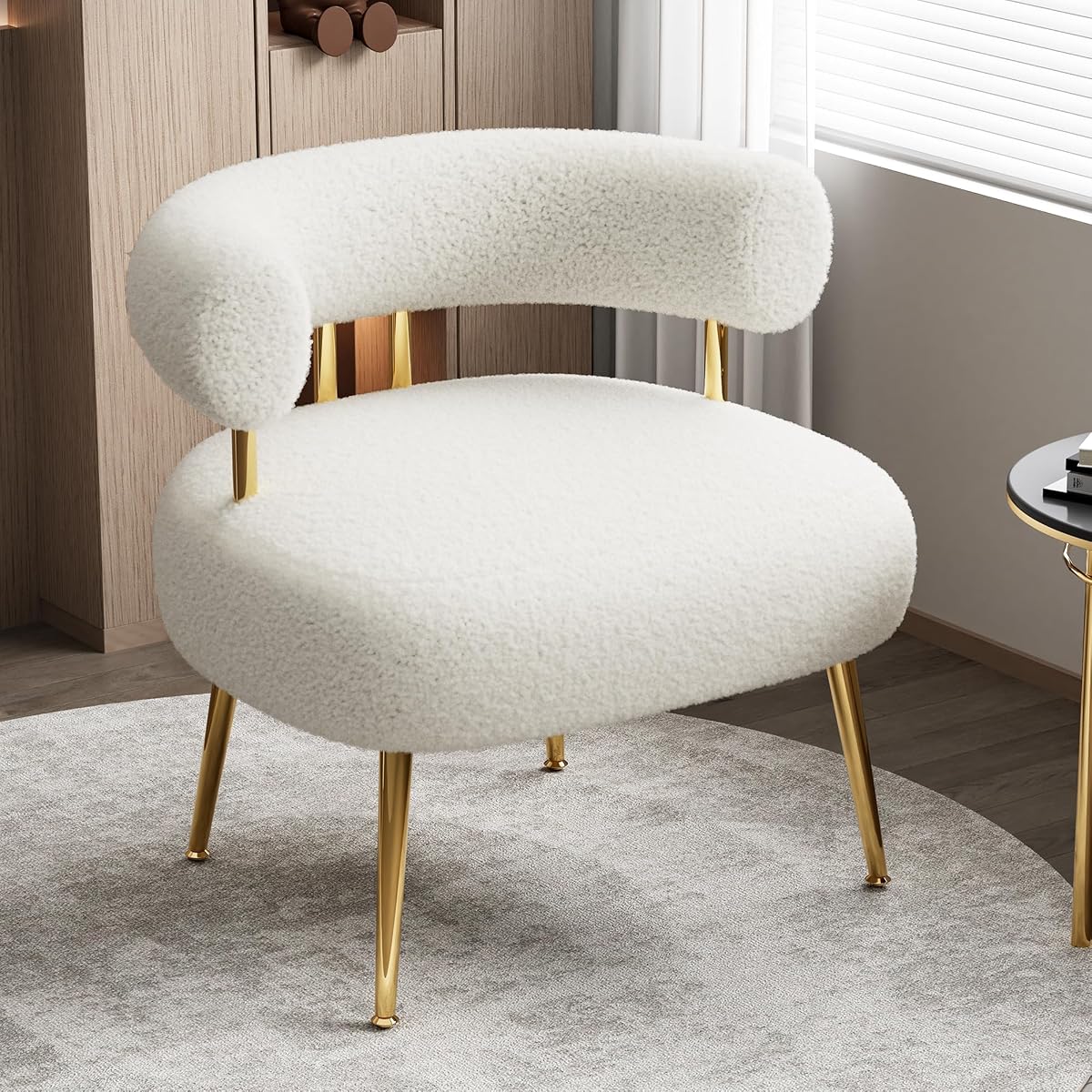 Mid Century Sherpa Boucle Accent Chair, Round Upholstered Barrel Arm Chair for Small Spaces, Fluffy Side Corner Sofa Chair for Living Room, Bedroom, Vanity, Office, Reading Nook(Cream White)