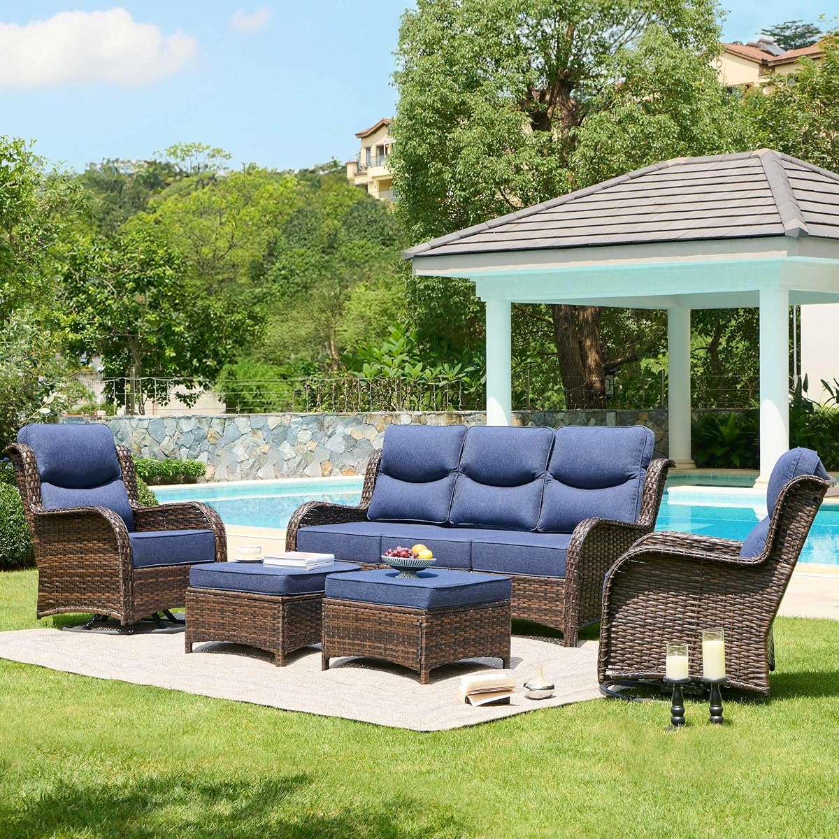 Luxury High Back Patio Furniture Set with 6-Inch Thick Cushion, 5-Piece Outdoor Conversation Set with Sofa, Swivel Rocker Chairs & Ottomans, Ideal for Porch Pool Deck Yard (Blue)