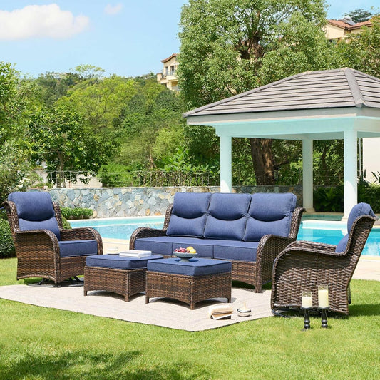 Luxury High Back Patio Furniture Set with 6-Inch Thick Cushion, 5-Piece Outdoor Conversation Set with Sofa, Swivel Rocker Chairs & Ottomans, Ideal for Porch Pool Deck Yard (Blue)