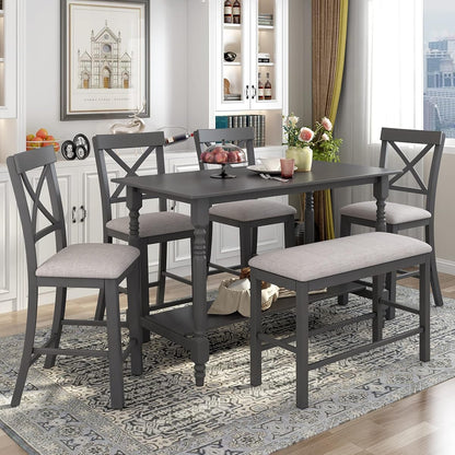 Farmhouse Style 6-Pieces Counter Height Dining Table Set with 4 Upholstered Chair, Storage Shelf and Upholstered Bench, Wood Kitchen Dining Table Set for 6 Person (Gray, Bottom Shelf)