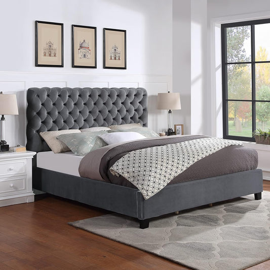 Apoera Velvet Upholstered Button Tufted Bed, King, Gray