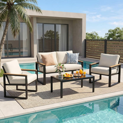 4 Pieces Patio Furniture Sets,Metal Outdoor Patio Furniture Sets,Outdoor Sectional Patio Conversation Set,Wooden Anti-Scald Armrest,Sling Mesh,4" Olefin Cushions