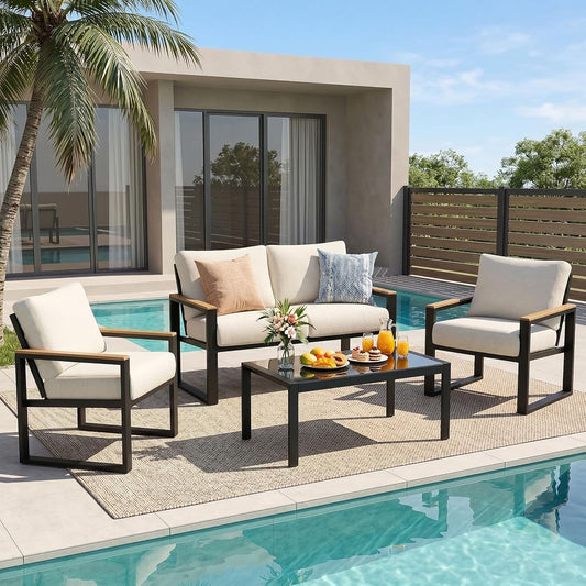 4 Pieces Patio Furniture Sets,Metal Outdoor Patio Furniture Sets,Outdoor Sectional Patio Conversation Set,Wooden Anti-Scald Armrest,Sling Mesh,4" Olefin Cushions