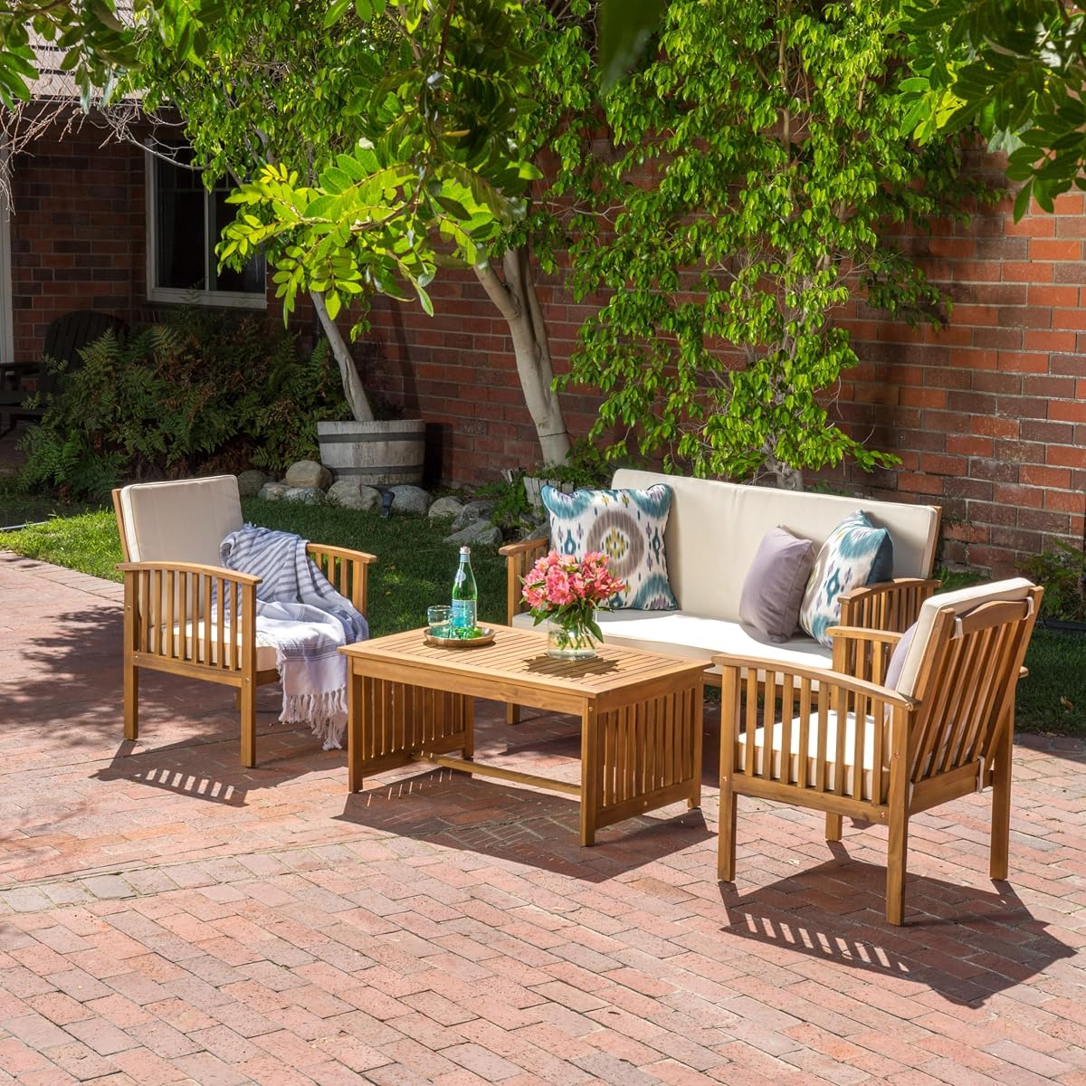 4-Piece Outdoor Patio Furniture Set, Acacia Wood Chat Set with Loveseat Coffee Table and 2 Chairs Cushions, Modern Backyard Garden Conversation Set, Light Wood
