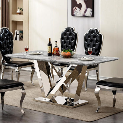 Marble Dining Table for 6 People, 70'' Rectangle Faux Marble Dining Table with Mirrored Stainless Steel Base, Large Size Marble Kitchen Table (Silver,Grey)(ONLY Table)