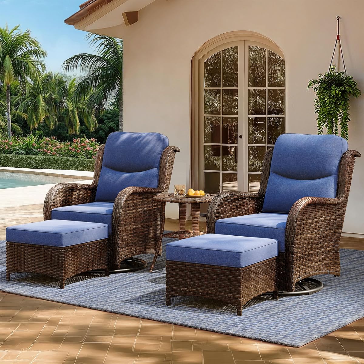 Luxury Outdoor Patio Furniture Set with 6-Inch Thick Cushions, High Back Wicker Swivel Rocker Chairs, 5 Pcs All Weather Chairs Set for Small Porch, Deck and Sunroom, Blue (V3)