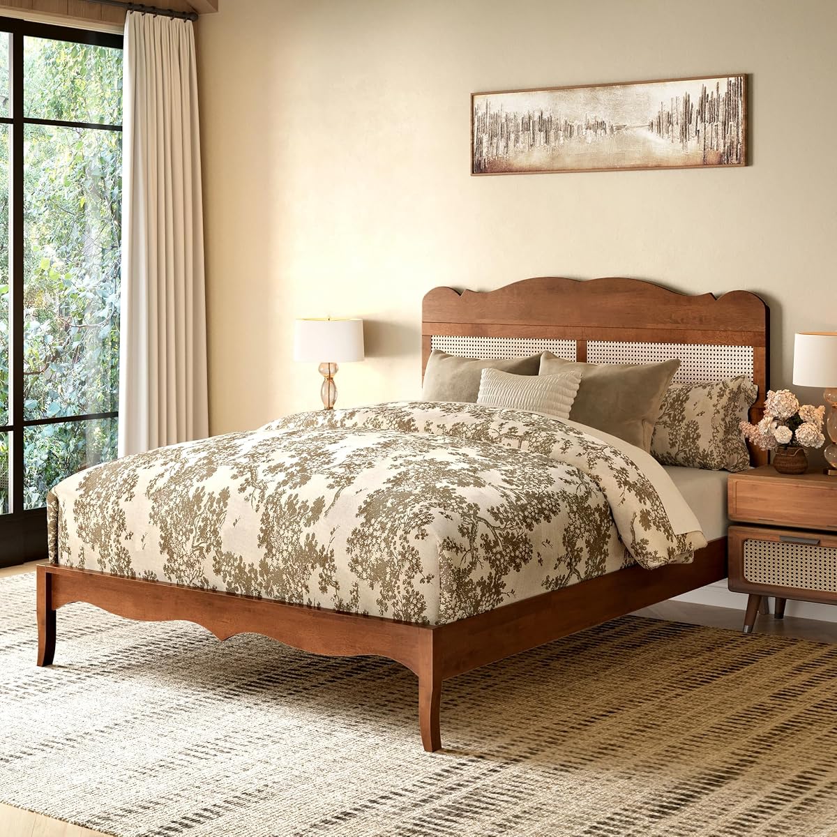 Queen Bed Frame with Adjustable Headboard, Wooden Bedframe