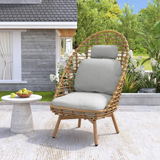 Ellis Swivel Lounge Chair Outdoor, High Back Comfy Reading Chair with Cushion, Iron Frame Wicker Accent Chair, Single Sofa Chair Patio Furniture Set, Light Brown+Light Gray