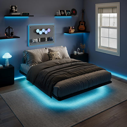 Black Floating Bed Frame with Smart Lights
