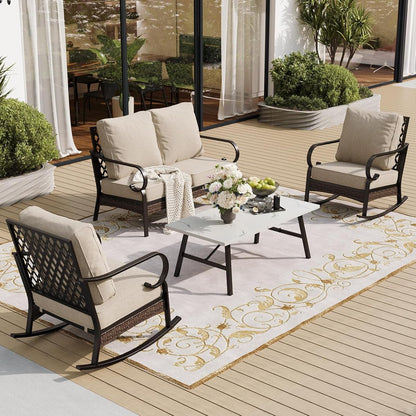 4 Piece Metal Outdoor Patio Furniture Sets, Patio Conversation Sets 1 Loveseat, 2 Rocking Sofa with 5.75" Extra Thick Cushion and Coffee Table, Balck Frame Backyard Furniture, Beige