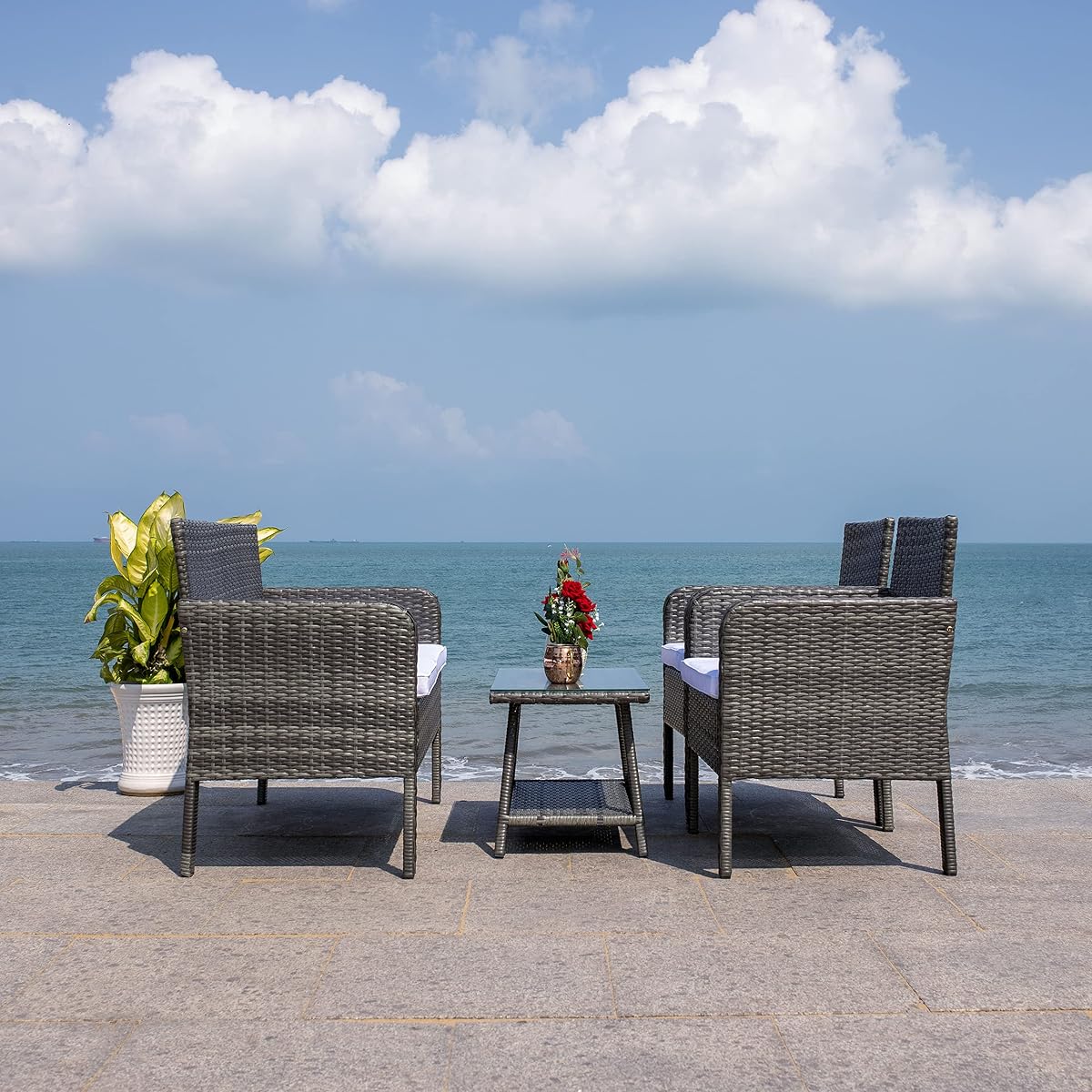 SAFAVIEH Outdoor Collection Aboka Grey Brown/White Cushion 4-Piece Conversation Patio Set PAT7505C