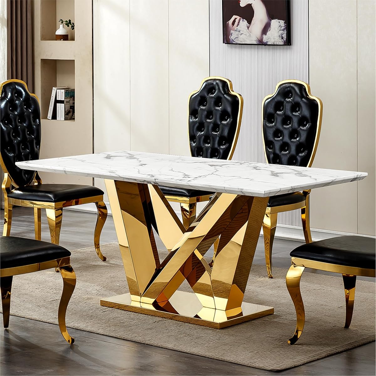 Marble Dining Table for 6 People, 70'' Rectangle Faux Marble Dining Table with Mirrored Stainless Steel Base, Large Size Marble Kitchen Table (Gold,White)(ONLY Table)