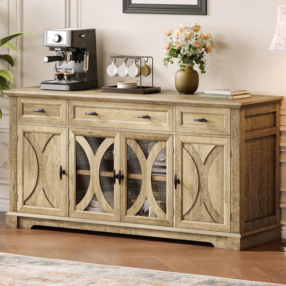 64" Farmhouse Sideboard Cabinet with 3 Drawers and 4 Doors
