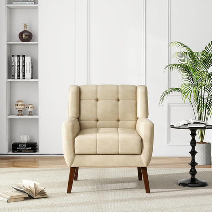 Faux Leather Accent Chair, Modern Upholstered Club Arm Chair for Living Room, Comfy Armchair Single Sofa Seat with Solid Wooden Legs (Cream)