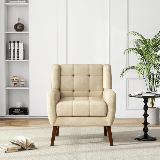Faux Leather Accent Chair, Modern Upholstered Club Arm Chair for Living Room, Comfy Armchair Single Sofa Seat with Solid Wooden Legs (Cream)