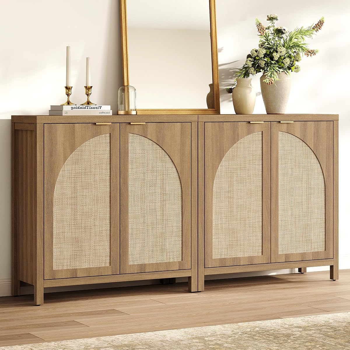 68"W Rattan Sideboard Buffet Cabinet with Storage Credenza Set of 2