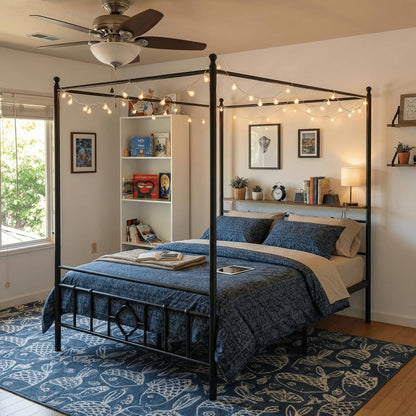 Full Size Canopy Bed Frame with Storage Headboard,Noise-Free,Black