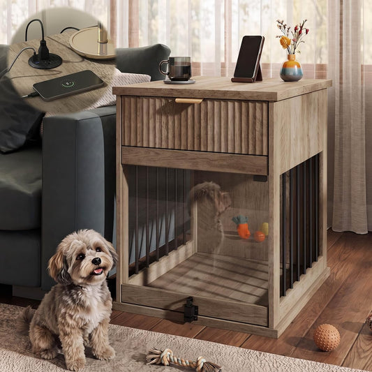 Dog Crate Furniture End Table with Charging Station & Drawer for Small Dogs